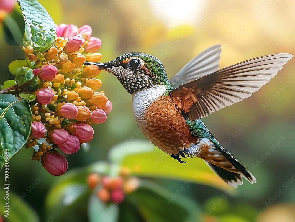 Fototapeta premium A vibrant hummingbird with iridescent feathers hovers beside blooming flowers, showcasing its beauty in a sunlit garden, with hues of green, orange, and pink creating a lively atmosphere.