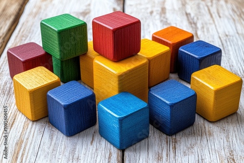 Colorful wooden blocks stacked on wood. A colorful and creative image for design projects, illustrating teamwork and collaboration.