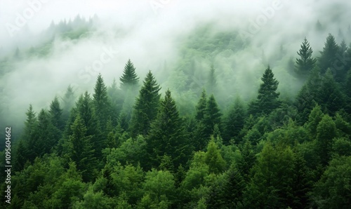 Misty forest landscape with dense evergreen trees, fog enveloping greenery, serene atmosphere, lush vegetation