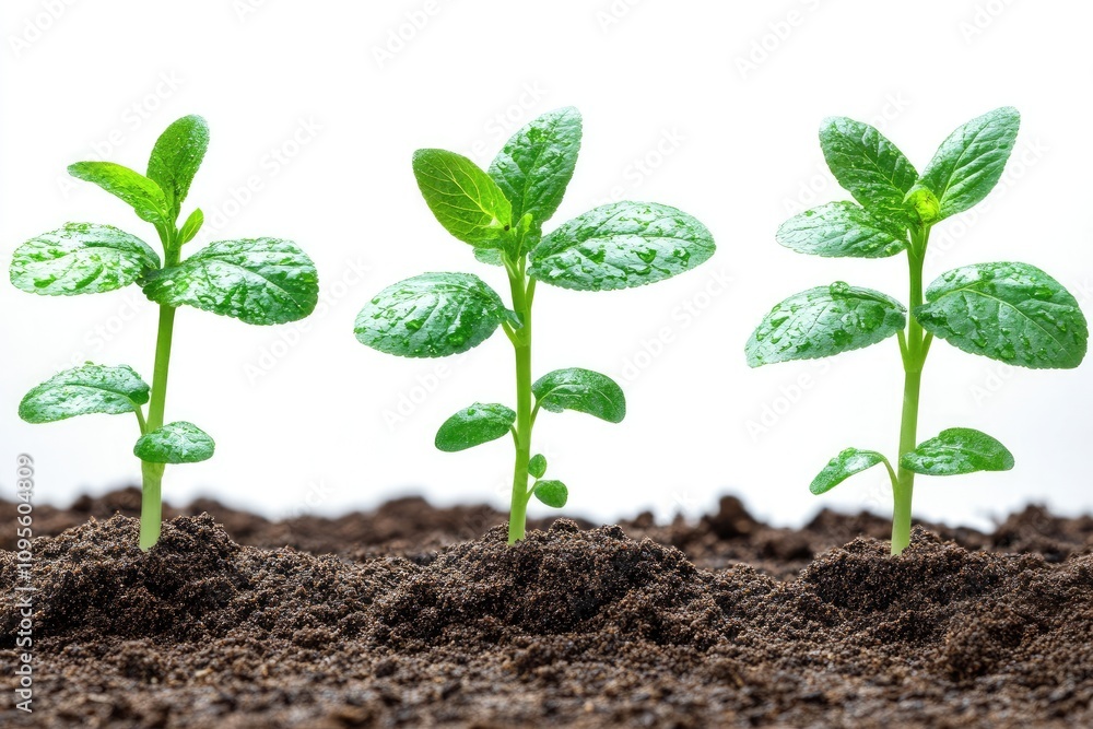 Three seedlings growing in rich soil. Perfect for illustrating growth, development, and nature themes. Three seedlings growing in rich soil. Perfect for illustrating growth, development, and nature themes.