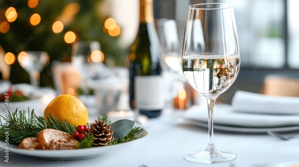A cozy holiday table arrangement featuring a clear wine glass, pine cones, a citrus fruit, paired with greenery and soft, warm lighting in the background. A cozy holiday table arrangement featuring a clear wine glass, pine cones, a citrus fruit, paired with greenery and soft, warm lighting in the background.