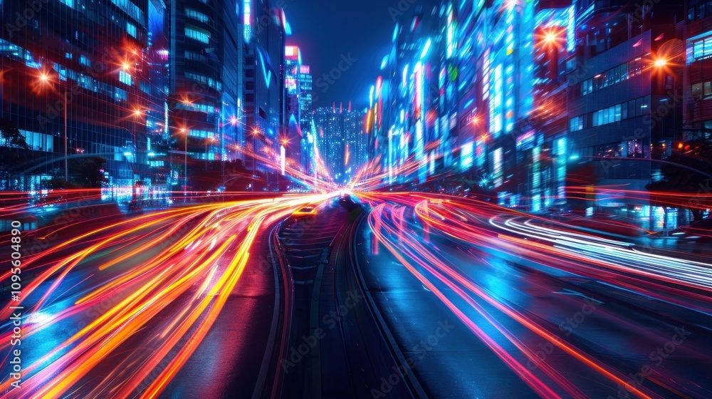 A vibrant cityscape at night with light trails from moving vehicles. A vibrant cityscape at night with light trails from moving vehicles.