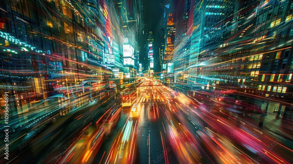Fototapeta premium A vibrant cityscape at night, showcasing light trails from vehicles in a bustling urban environment.