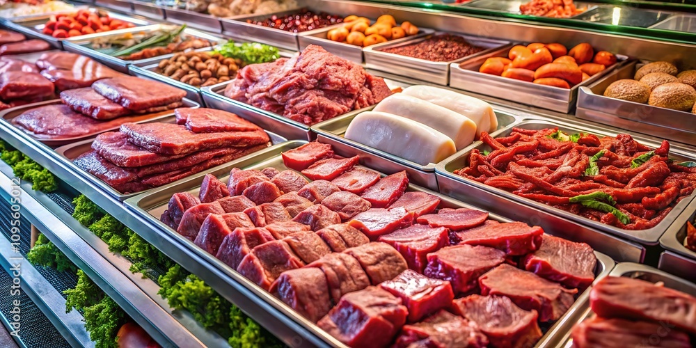 Butcher shop's glass counter features a tempting raw meat display. Butcher shop's glass counter features a tempting raw meat display.