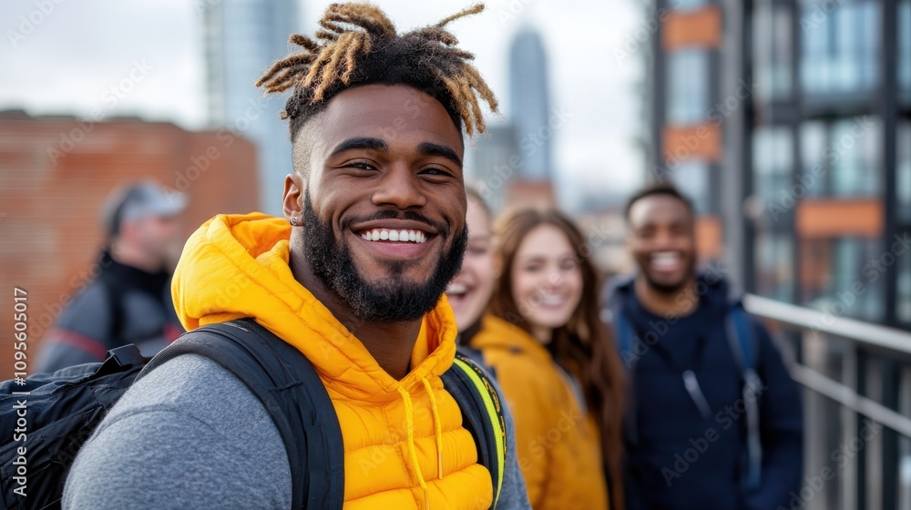A diverse group of friends in bright jackets enjoying the rooftop view of a modern city skyline, symbolizing friendship against the backdrop of urban adventure. A diverse group of friends in bright jackets enjoying the rooftop view of a modern city skyline, symbolizing friendship against the backdrop of urban adventure.