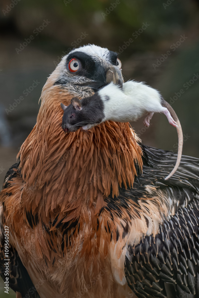 Fototapeta premium A bearded vulture with a dead bicolor rat in its beak. 