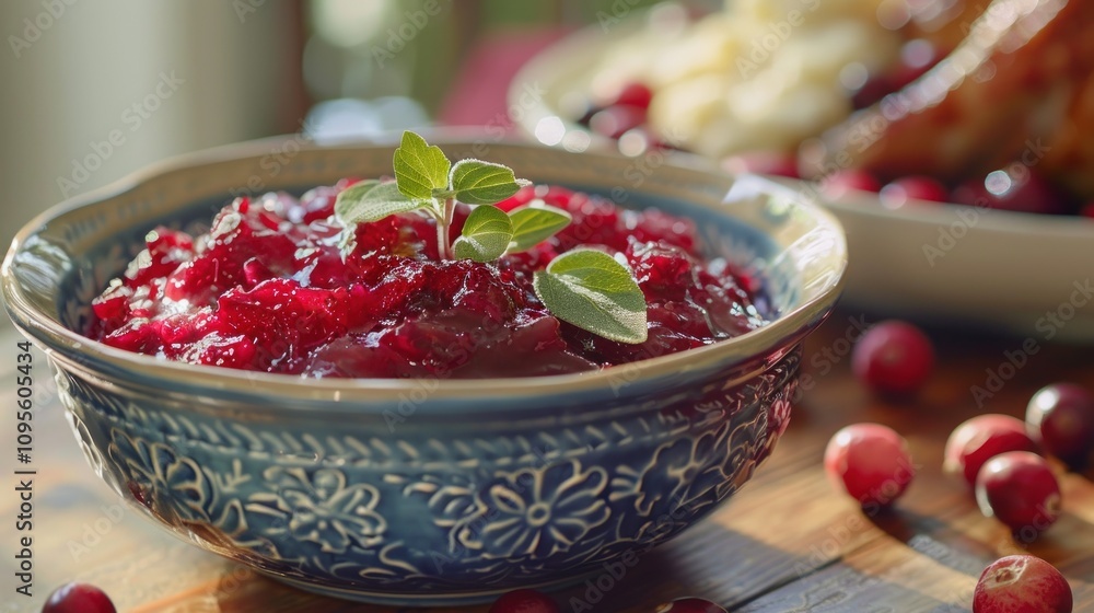 A bowl of cranberry sauce garnished with mint, surrounded by fresh cranberries. A bowl of cranberry sauce garnished with mint, surrounded by fresh cranberries.