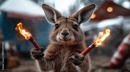 A kangaroo confidently holds two sparklers, creating a bright and fiery display at a bustling carnival setting, filled with excitement and anticipation. photo