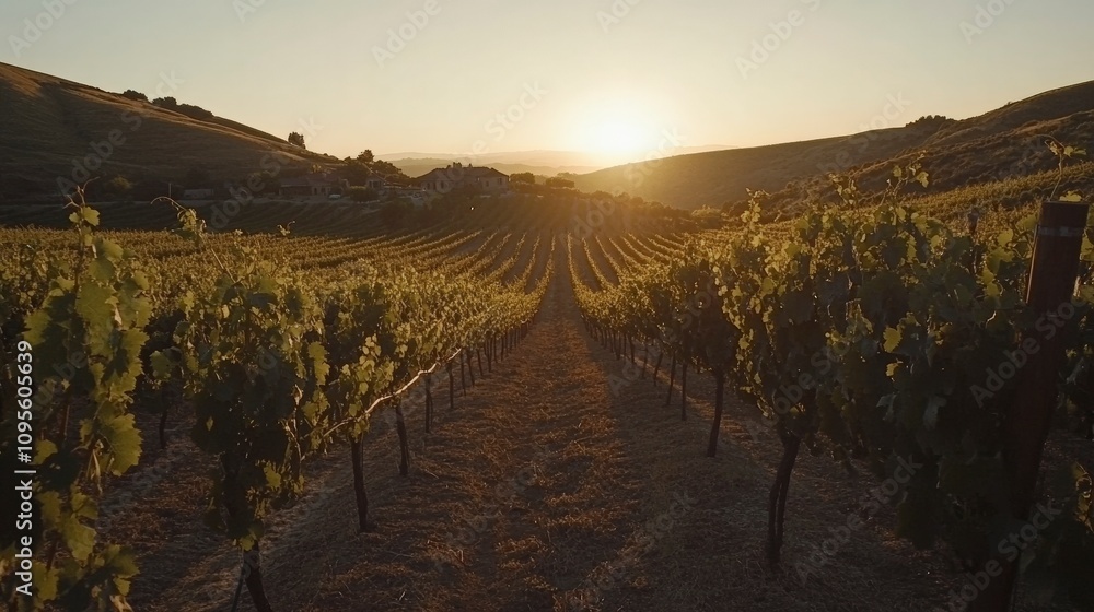 Fototapeta premium Expansive Vineyard Landscape at Sunset with Golden Light Illuminating Rows of Grape Vines in Rolling Hills Under a Clear Sky