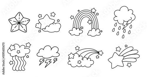 Star, cloud and rainbow outline, Hand drawn icon and symbol for print, poster, sticker, card design and coloring book, Doodle design elements.