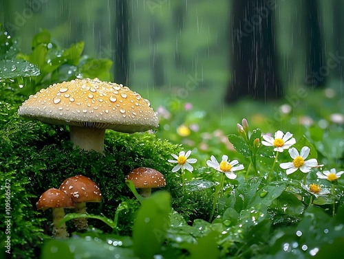 A vibrant yellow mushroom with moisture droplets stands tall among lush green moss and delicate white daisies, creating a serene forest scene in the rain. photo