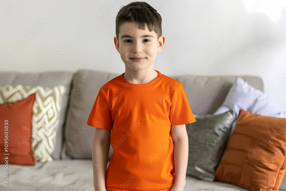 A cheerful young Caucasian boy smiles warmly in an orange t-shirt, standing in a cozy living room adorned with colorful cushions. A cheerful young Caucasian boy smiles warmly in an orange t-shirt, standing in a cozy living room adorned with colorful cushions.