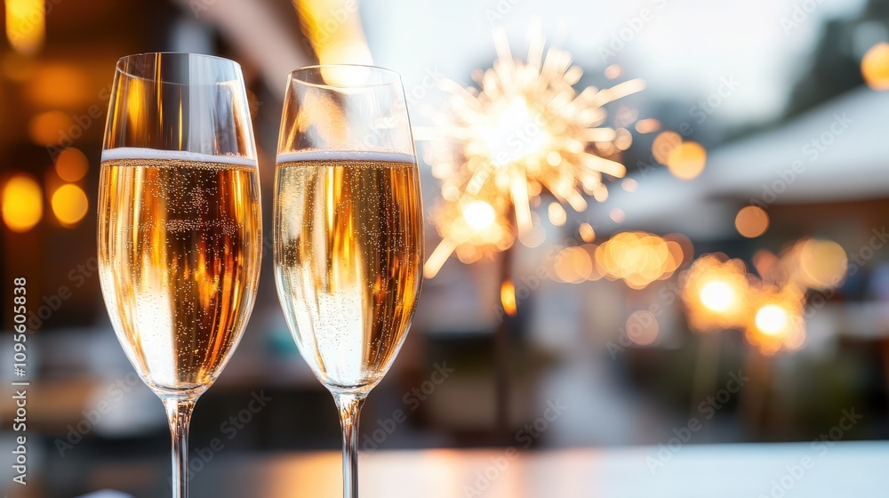 Two flutes of champagne with sparklers and blurred bokeh lights in the background, symbolizing a celebratory moment rich in joy and anticipation. Two flutes of champagne with sparklers and blurred bokeh lights in the background, symbolizing a celebratory moment rich in joy and anticipation.