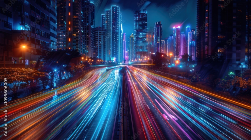 A vibrant cityscape at night with colorful light trails from moving vehicles. A vibrant cityscape at night with colorful light trails from moving vehicles.