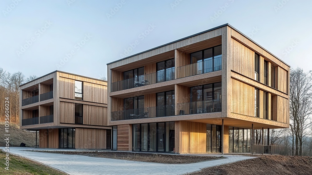 Modern Wooden Apartment Complex nestled in nature's embrace, showcasing contemporary architecture and sustainable design. Modern Wooden Apartment Complex nestled in nature's embrace, showcasing contemporary architecture and sustainable design.