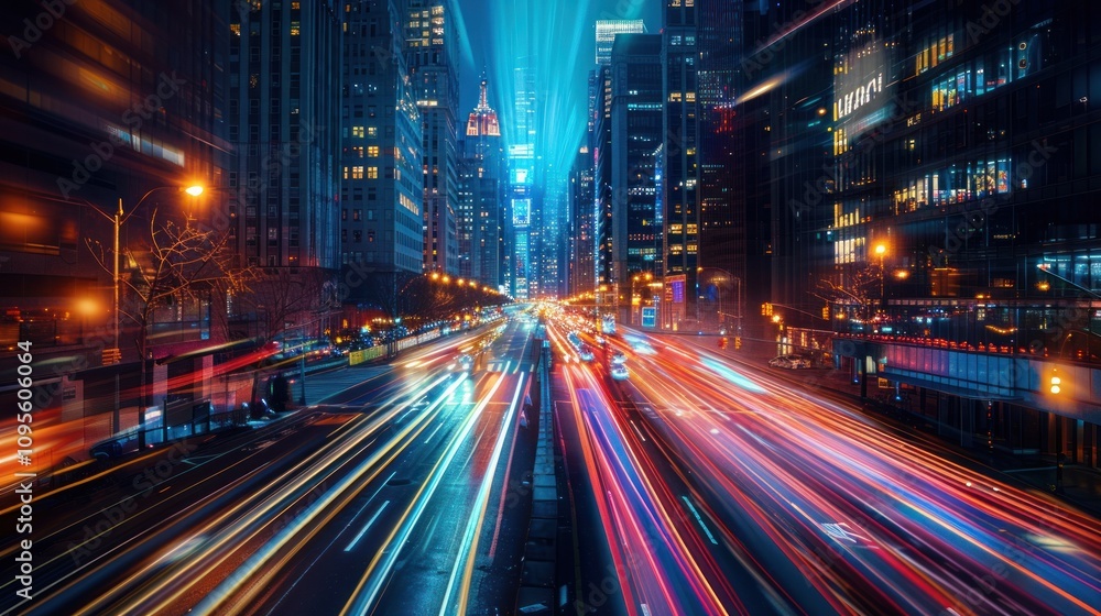 A vibrant cityscape at night with dynamic light trails from traffic. A vibrant cityscape at night with dynamic light trails from traffic.