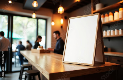 mockup advertising billboard stand on wooden tabletop in coffee shop