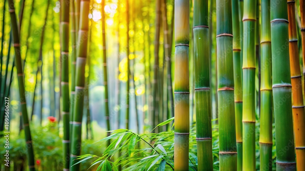 Fototapeta premium Deep-focused bamboo garden, vibrant green, beautiful detail.