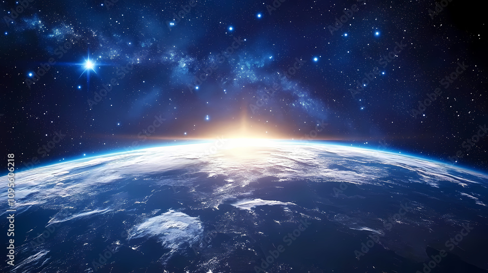Fototapeta premium A breathtaking view of earth's sky from space, the blue atmosphere curving along the planet's edge with the stars above. Galactic Horizon Edge. Illustration