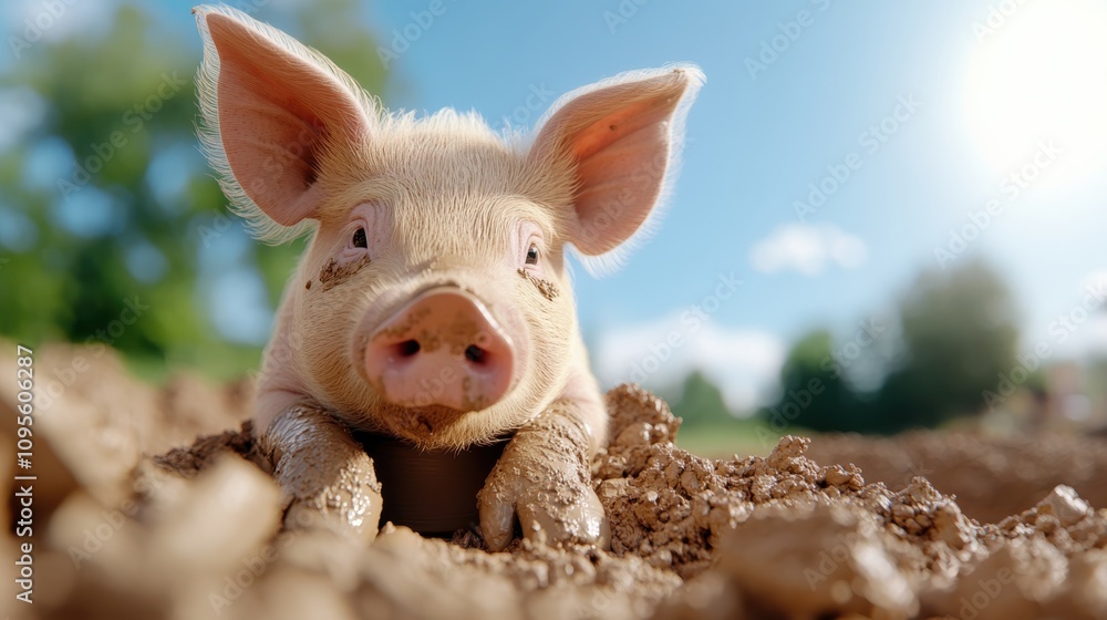 A playful piglet enjoys exploring the muddy field under the bright sunlight, its little snout and legs covered in mud, capturing a joyful rural scene. A playful piglet enjoys exploring the muddy field under the bright sunlight, its little snout and legs covered in mud, capturing a joyful rural scene.