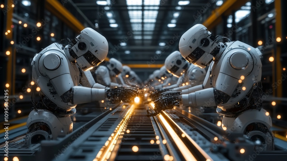 Fototapeta premium A scene in a factory where robots, powered by AI, are assembling parts with extreme precision.