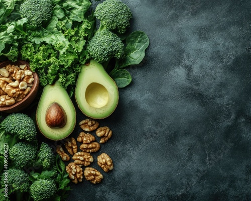 Green vegetables and nuts on slate. This image is perfect for healthy eating and vegan lifestyle content. photo