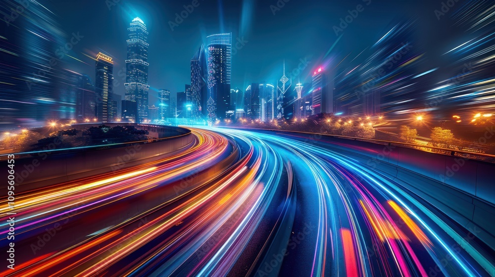 A vibrant cityscape at night with light trails from vehicles creating a dynamic atmosphere. A vibrant cityscape at night with light trails from vehicles creating a dynamic atmosphere.