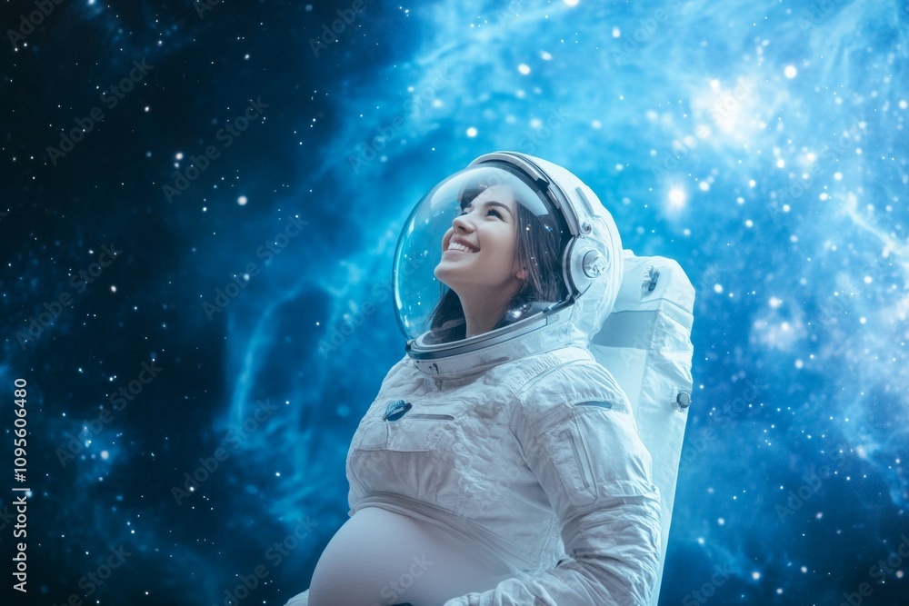 A woman in a space suit is smiling and looking up at the stars A woman in a space suit is smiling and looking up at the stars