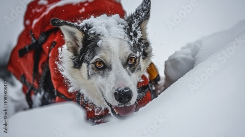 A search and rescue dog on a mission in the mountains, sniffing through the snow to locate an avalanche victim. photo