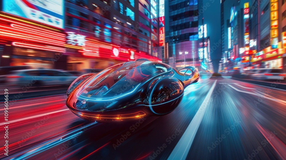 Futuristic car speeding through a vibrant cityscape at night. Futuristic car speeding through a vibrant cityscape at night.