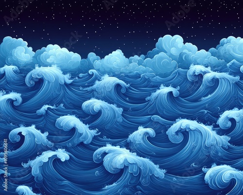 Blue waves crashing under a starry sky. Perfect for illustrating stories about the sea and the night. photo