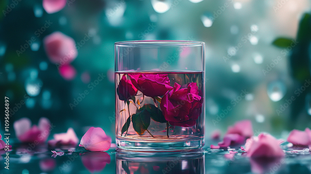 Romantic roses in glass vase create a serene atmosphere on Valentine's Day Romantic roses in glass vase create a serene atmosphere on Valentine's Day
