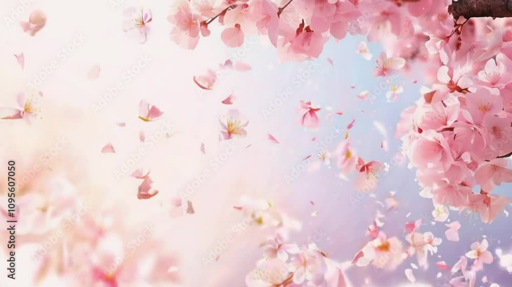A serene scene of falling cherry blossoms against a soft, pastel background. A serene scene of falling cherry blossoms against a soft, pastel background.