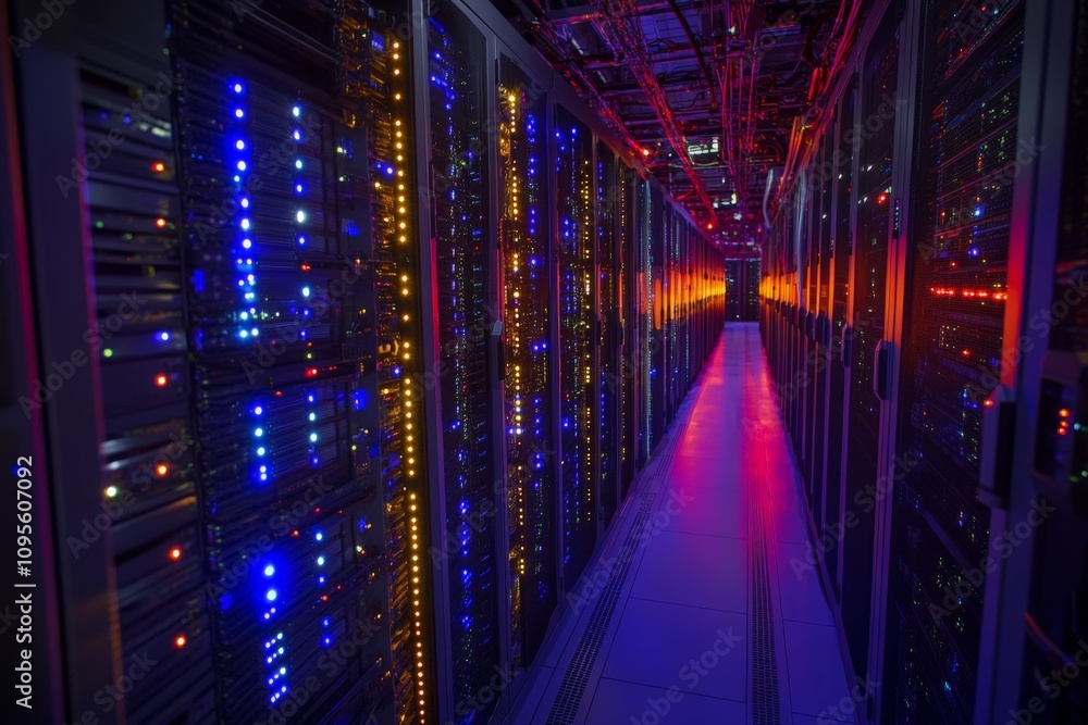 A server room filled with racks of powerful servers processing vast amounts of data, with glowing LED lights and data cables visible. A server room filled with racks of powerful servers processing vast amounts of data, with glowing LED lights and data cables visible.
