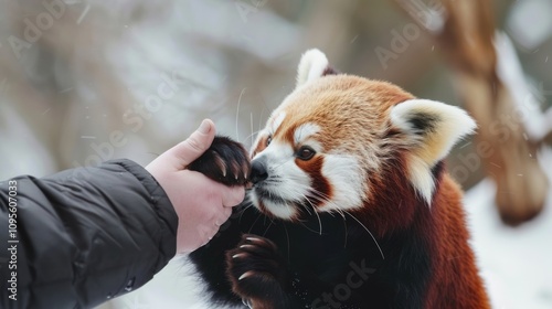 Red Panda Sniffs Human Hand photo