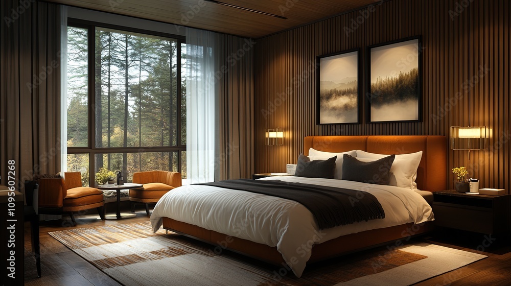 Serene Mountain View Bedroom: Luxurious Relaxation in a Cozy Forest Retreat Serene Mountain View Bedroom: Luxurious Relaxation in a Cozy Forest Retreat