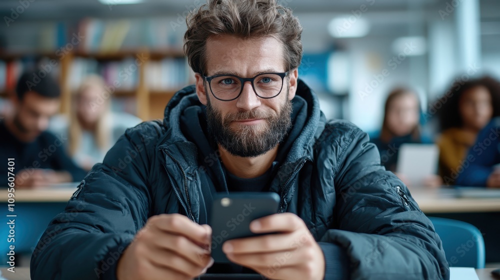 A bearded man wearing glasses and a puffer jacket intently looking at his smartphone in a library setting, embodying focus, concentration, and modern technology use. A bearded man wearing glasses and a puffer jacket intently looking at his smartphone in a library setting, embodying focus, concentration, and modern technology use.