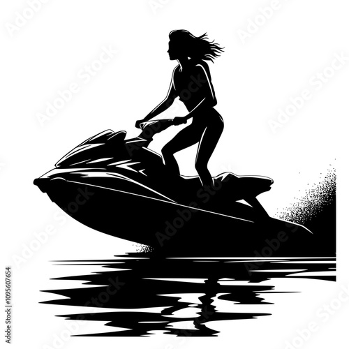 Silhouette woman riding jet ski on the beach
