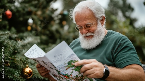 An elderly man with a white beard and glasses is sitting outdoors, reading a card near a Christmas tree, capturing the peace and reflection during festive holidays. photo