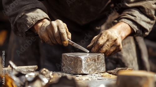 A silversmith hammering a sheet of silver into shape, crafting an intricate piece of jewelry in a traditional workshop.