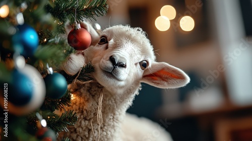 A gentle sheep thoughtfully interacts with a Christmas tree adorned with glistening holiday ornaments, within the warm ambiance of a cozy, domestic setting. photo