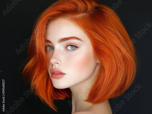 A woman with bright orange hair and blue eyes