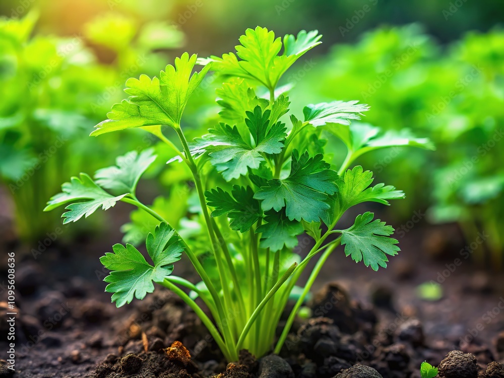 Fresh coriander thrives, blurred background. Fresh coriander thrives, blurred background.