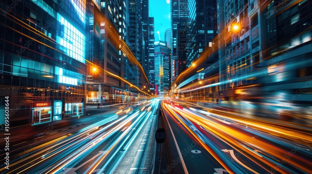 A dynamic cityscape at dusk, showcasing vibrant traffic and towering skyscrapers. A dynamic cityscape at dusk, showcasing vibrant traffic and towering skyscrapers.