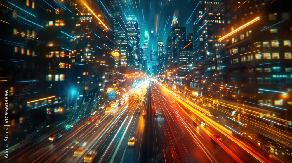 A vibrant cityscape at night with light trails from moving vehicles. A vibrant cityscape at night with light trails from moving vehicles.