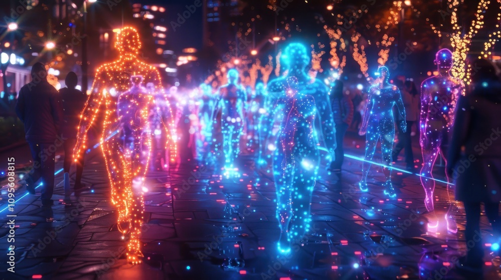 A vibrant scene of illuminated figures walking in a city, blending technology and art. A vibrant scene of illuminated figures walking in a city, blending technology and art.