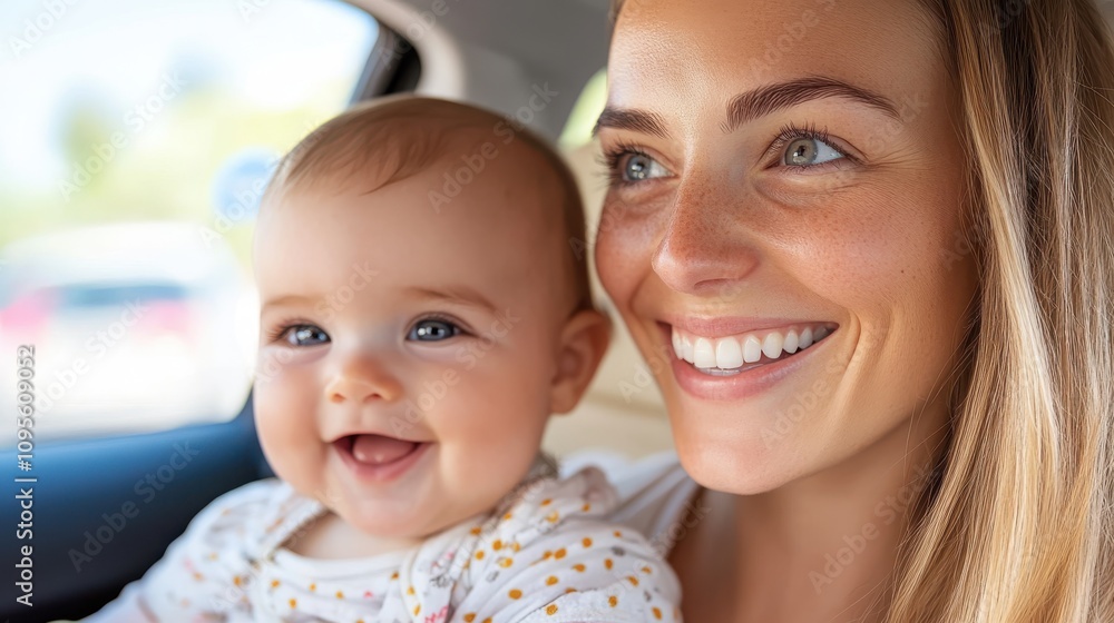 A joyful mother and her cute baby share a heartwarming smile as they sit together inside a car, capturing a tender moment of motherhood and family bonding. A joyful mother and her cute baby share a heartwarming smile as they sit together inside a car, capturing a tender moment of motherhood and family bonding.