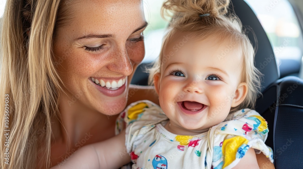 A mother and her baby share a joyous smile, capturing a moment of love and happiness, with the baby wearing a colorful dress in a warm, sunlit car setting. A mother and her baby share a joyous smile, capturing a moment of love and happiness, with the baby wearing a colorful dress in a warm, sunlit car setting.