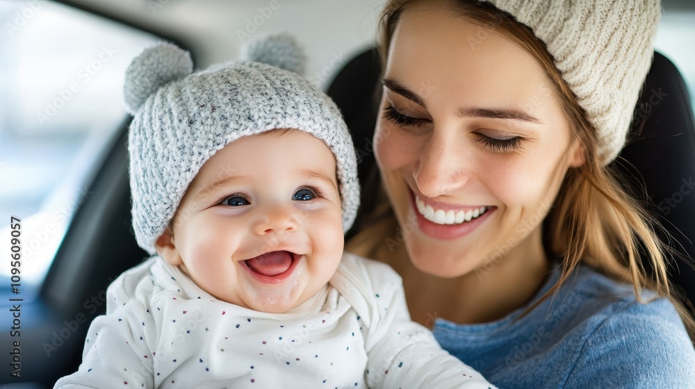Wholesome happiness as a mother in a knit hat embraces her smiling baby in a beanie, highlighting warmth and togetherness in a car's serene environment. Wholesome happiness as a mother in a knit hat embraces her smiling baby in a beanie, highlighting warmth and togetherness in a car's serene environment.