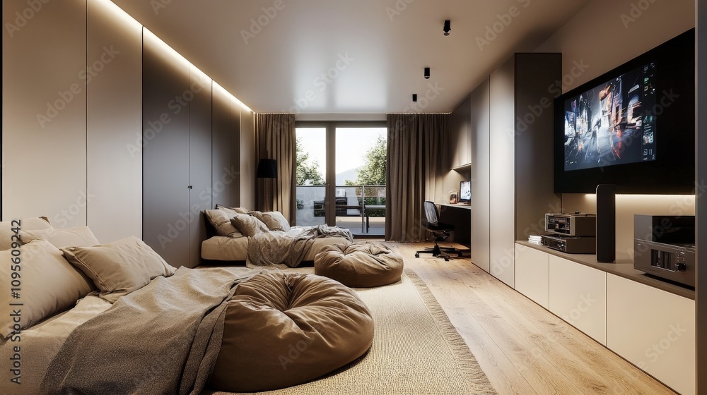 Fototapeta premium Cozy Gaming Room with Warm Lighting and Bean Bags